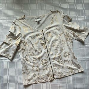 Joseph Ribkoff Vintage White & Gold Punk Graffiti Fitted Zipper Closure Top